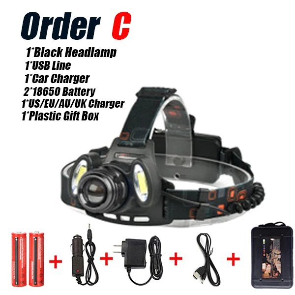 Order C Yunmai USB Мощный светодиодный налобный светильник 7000 люмен xml t6+ 2 COB налобный фонарь 18650 батарея охотничий рыболовный светильник - Испускаемый цвет: Order C