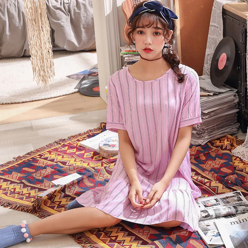 2019 г. пикантные оборками круглый Ночная Пижама с горловиной в полоску Ночное