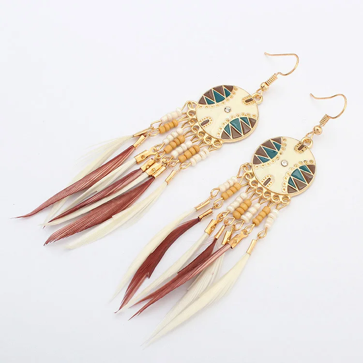 New Vintage Indian Ethnic Style Jewelry Bohemia Boho Earrings Colorful Enamel Beads Long Feather Tassel Drop Brincos | Украшения и