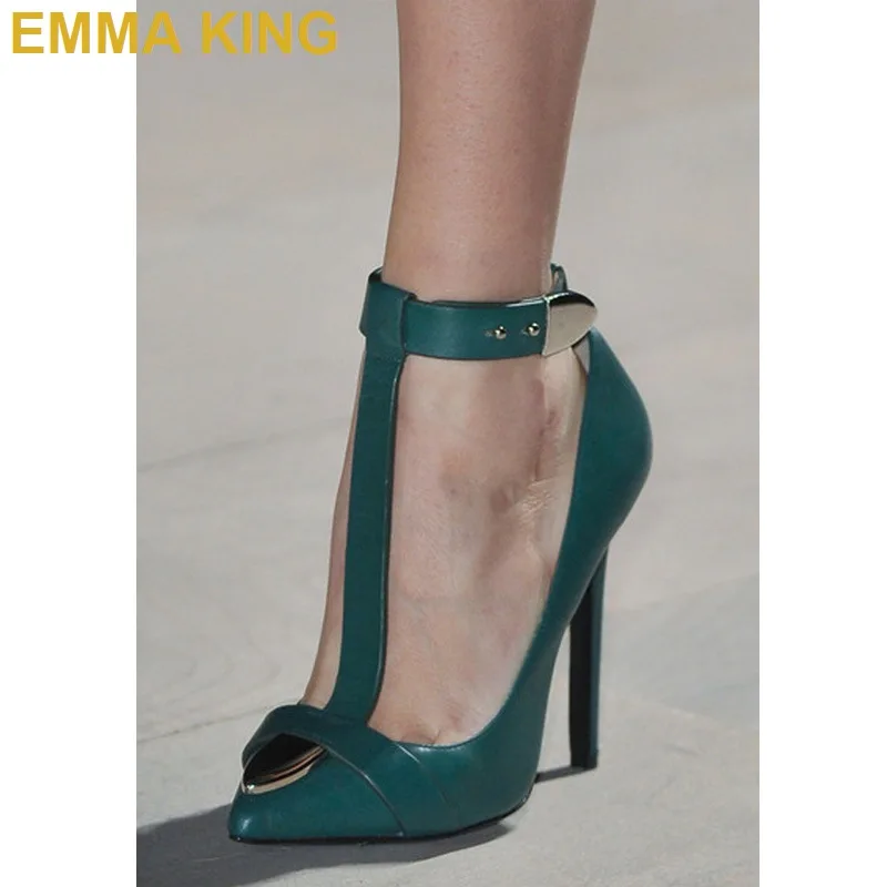 

EMMA KING Fashion Green Runway Shoes T-Strap Pumps Women High Heels Shoes PU Leather Pointed Toe Stiletto Heels With Buckle 2019