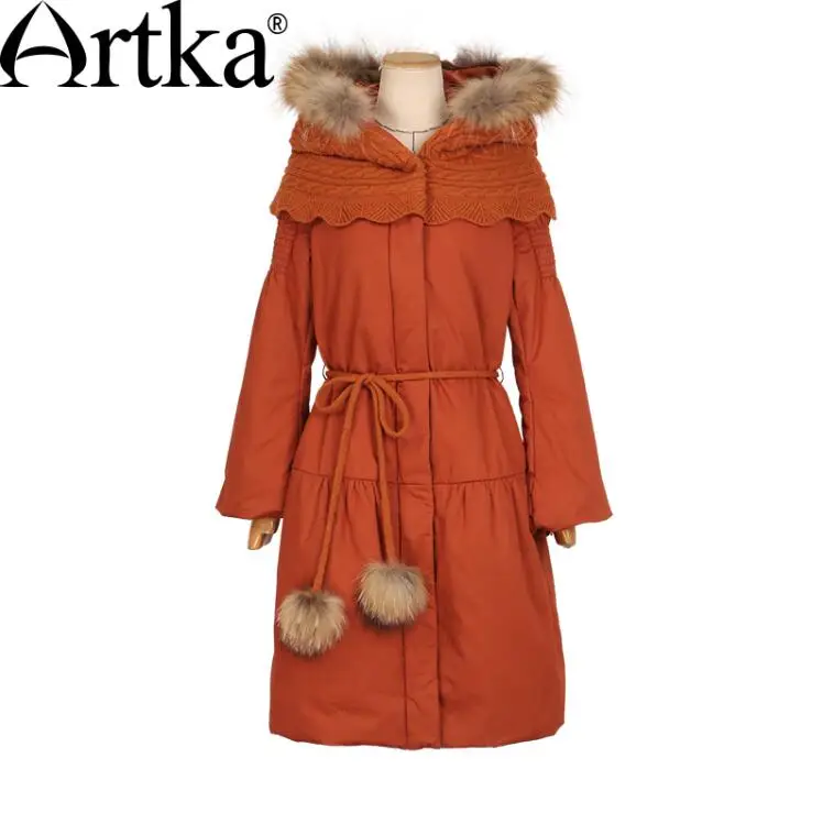 Orange ARTKA, женские зимние парки, мех енота, с капюшоном, зимняя куртка для женщин, рукав-фонарик, толстое теплое длинное пальто с поясом, MA10152D - Цвет: Orange