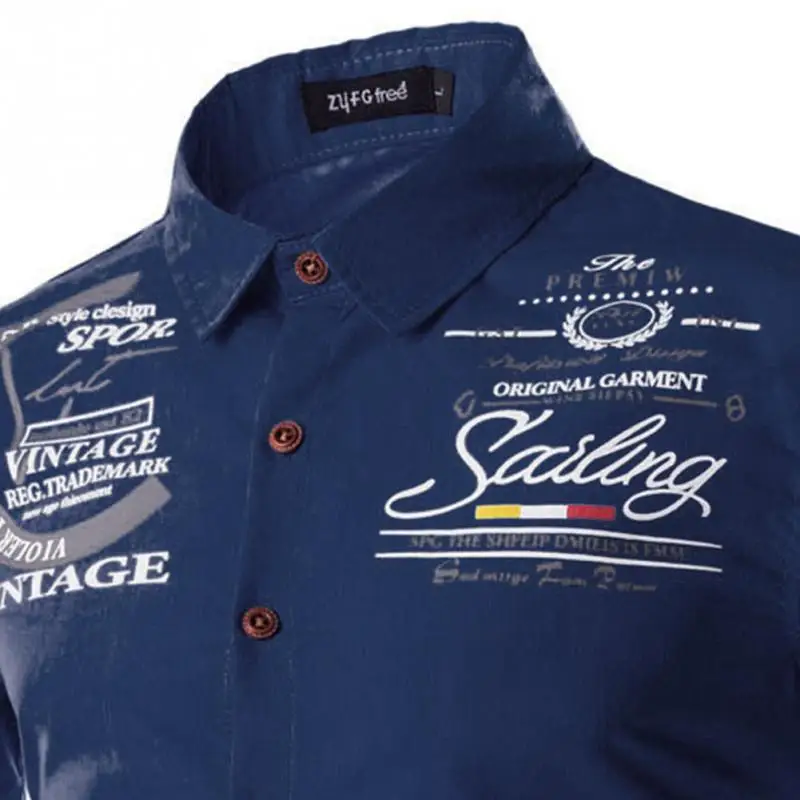 Модные Для мужчин рубашка с длинными рукавами отложной воротник буквы Футболка