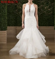 white wedding dresses ruffle lace bridal gowns applique beads halter sleeveless backless organza 2019 split bust wedding dress