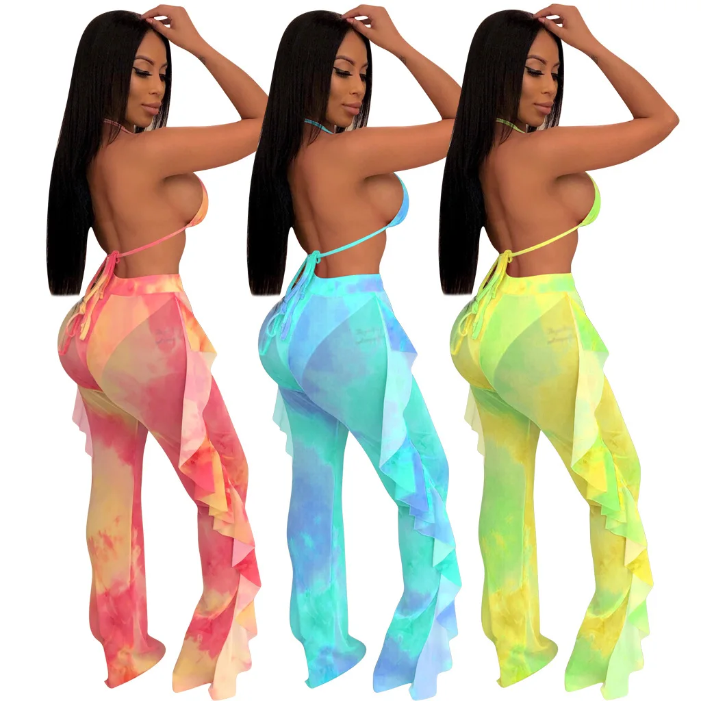 Женский сетчатый костюм с лямкой на шее завязками и краской в виде galaxy