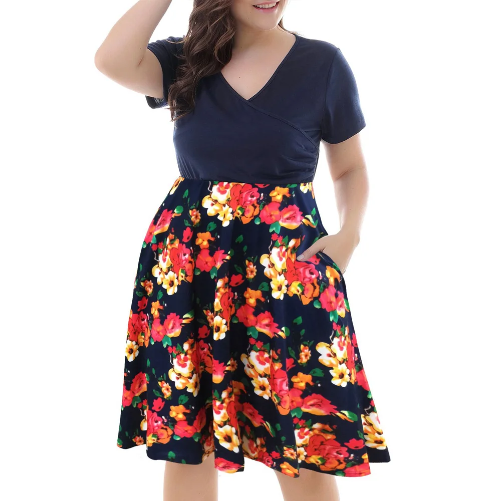 Женское платье с цветочным принтом коротким рукавом и V образным вырезом|Женские