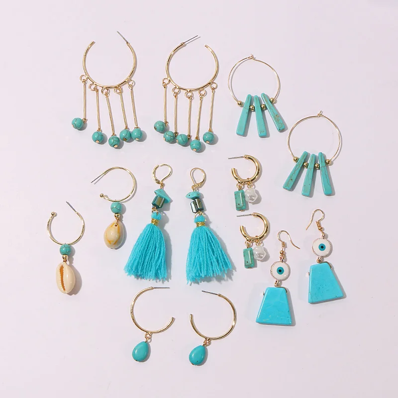 Серьги женские летние Асимметричные голубые с бирюзой и