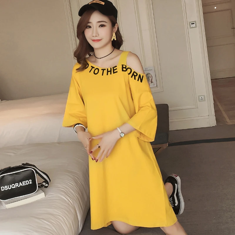 2019 хлопок одно плечо без бретелек-Футболка с рукавами платье моды большой