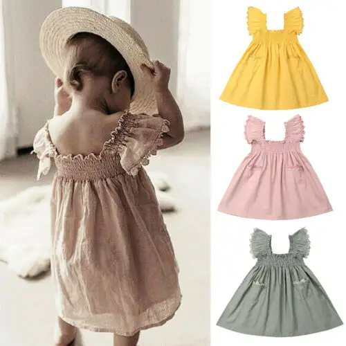 Girl Dress Cute Summer Toddler Kid Baby Girl Clothes Ruffle Sleeve Solid Dress Tutu Dress Sundress