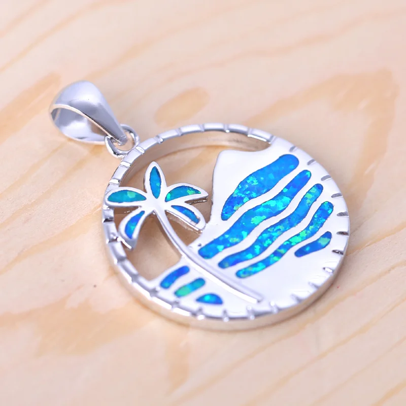 ROLILASON Round Beach coconut trees Blue Fire Opal Silver Stamped 925 Necklace Pendants for women OP751