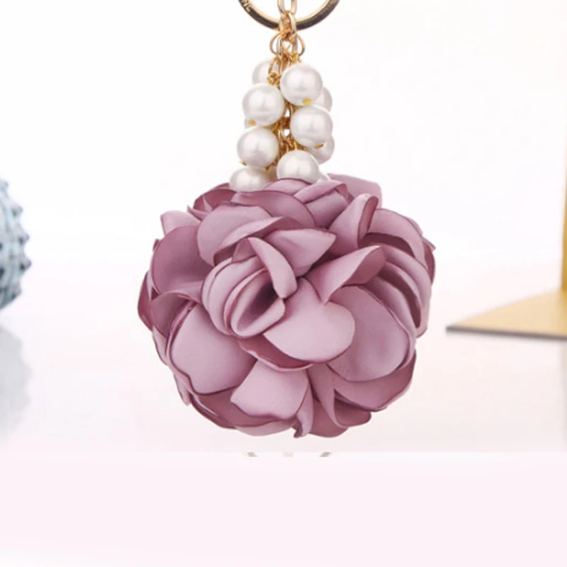 

New Rose Shape Cloth Flower Ball Keychain Key Ring for Women Bag Pearl Car Pendant Jewelry Gifts Trinket Key Chain a001