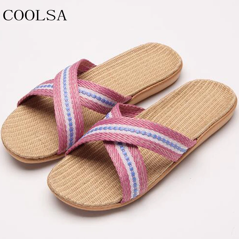 COOLSA/мужские пляжные вьетнамки; льняные тапочки в полоску; сандалии на плоской подошве; Домашние льняные тапочки для ванной; мужские шлепанцы
