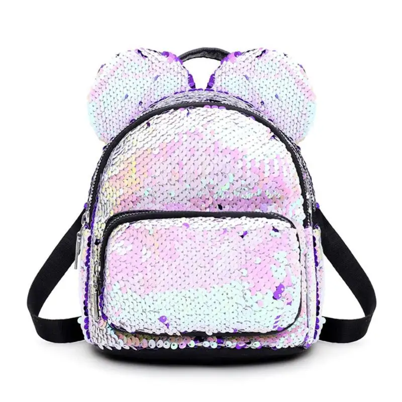 Purple New Baby Girls Kids Backpack Mouse Ears Bags Kids Fashion Mini School Bag Women Travel Sequins Backpack Mini Bag Dropshipping - Цвет: Purple