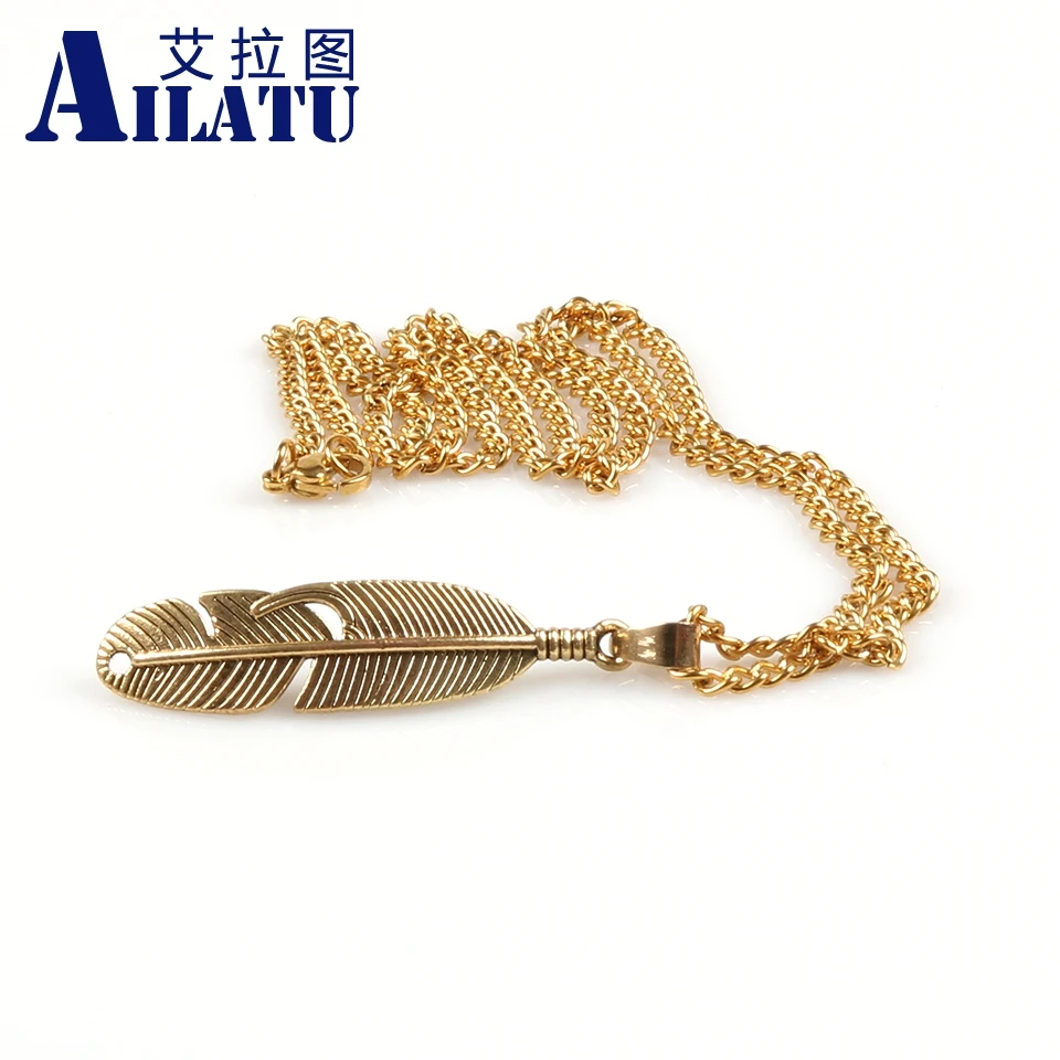 Ailatu New Arrival Zinc Alloy Feather Pendant and Stainless Steel Chain Necklace for Men Women' Gifts | Украшения и