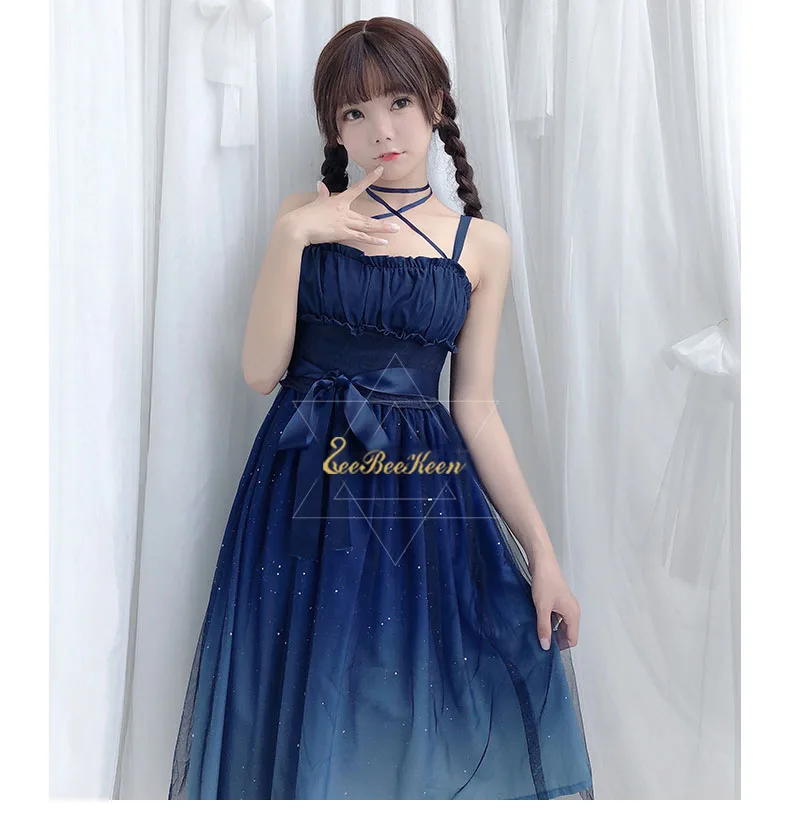 Летнее платье для взрослых Hanfu для женщин шифоновое платье на бретельках звездное небо градиент JSK лолита кружевное платье для девочек весенний милый костюм Лолиты