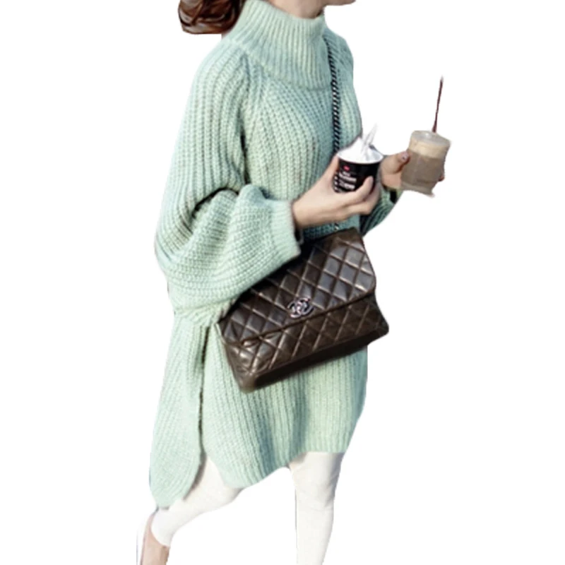 

Autumn Winter Turtleneck Batwing Sleeve Pullover Sweater High Low Irregular Women Side Slit Leisure Loose Knitted Sweaters XH864