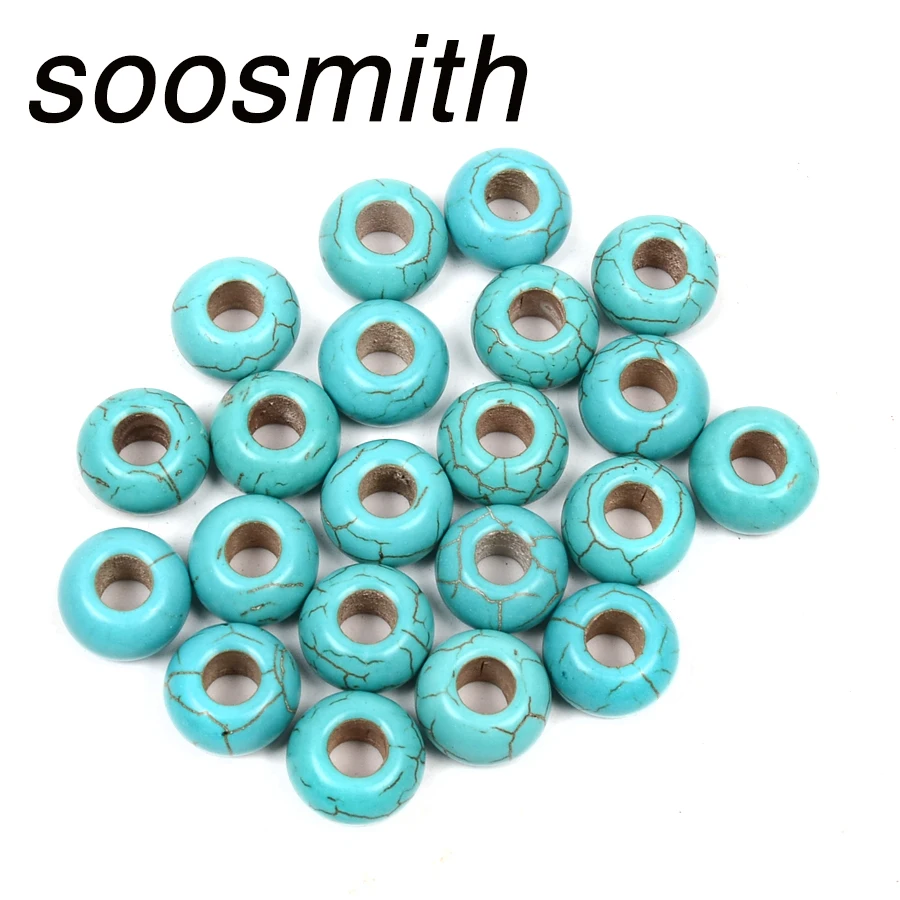 Soosmith оптовая продажа круглые синие и белые бусы из бирюзы с большим отверстием