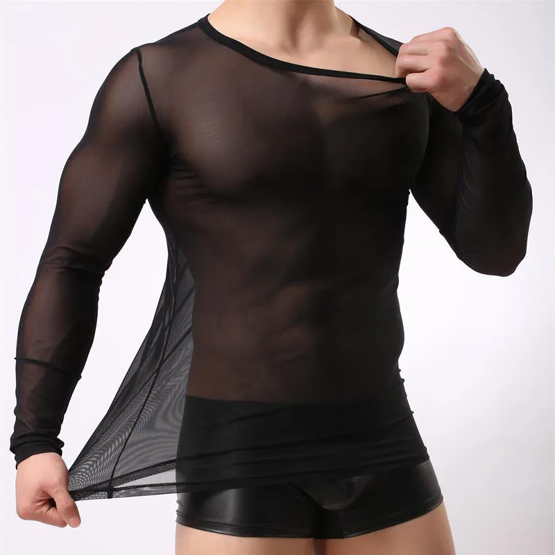 

Sexy Men Mesh Long Sleeve Running Shirt Stretch T-shirt Sport Jogging Fitness Gym Rashguard Clothing Breathable Undershirt