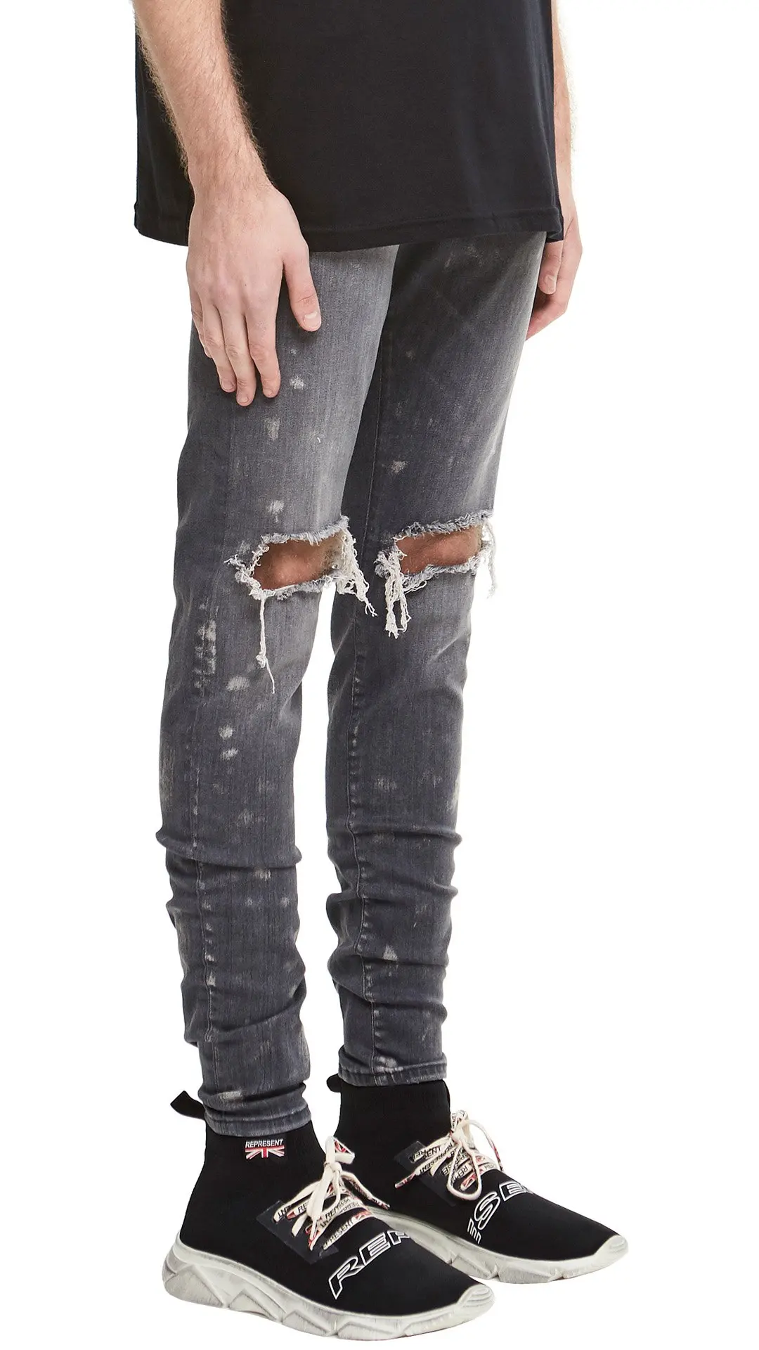 Рваные обтягивающие джинсы эластичные Джастина Бибера с рисунком байкерские со