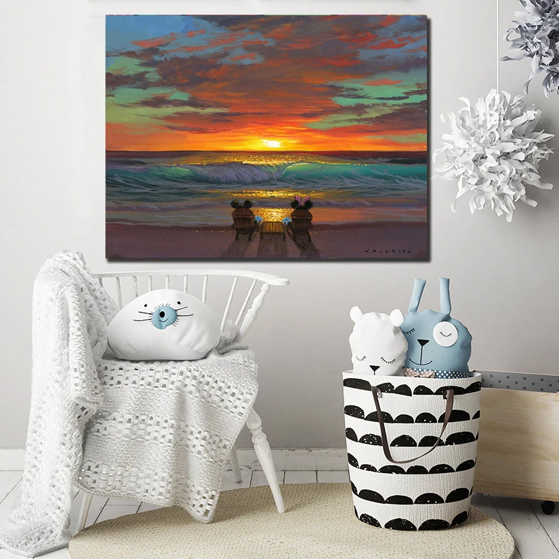 Sharing A Sunset Mickey and Minnie In Hawaii Cartoon Wall Art Poster Print Nordic Kids Decoration Picture Children Bedroom Decor | Дом и сад