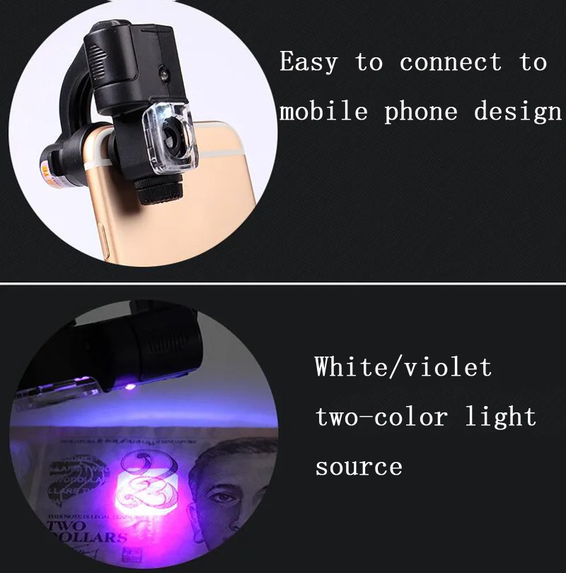 9 универсальный 90X Карманный микроскоп LED двойной цвет источник света освещение