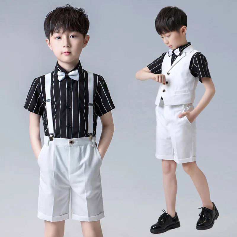 Flower Boys Fomal Wedding Dresses Set Kids Host Piano Performance Catwalk Costumes Children Striped Shirt Shorts Vest Clothes | Детская