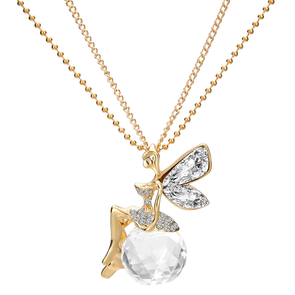 Женская подвеска Ангел длинная цепочка с кристаллами Модная Золотая вечерние