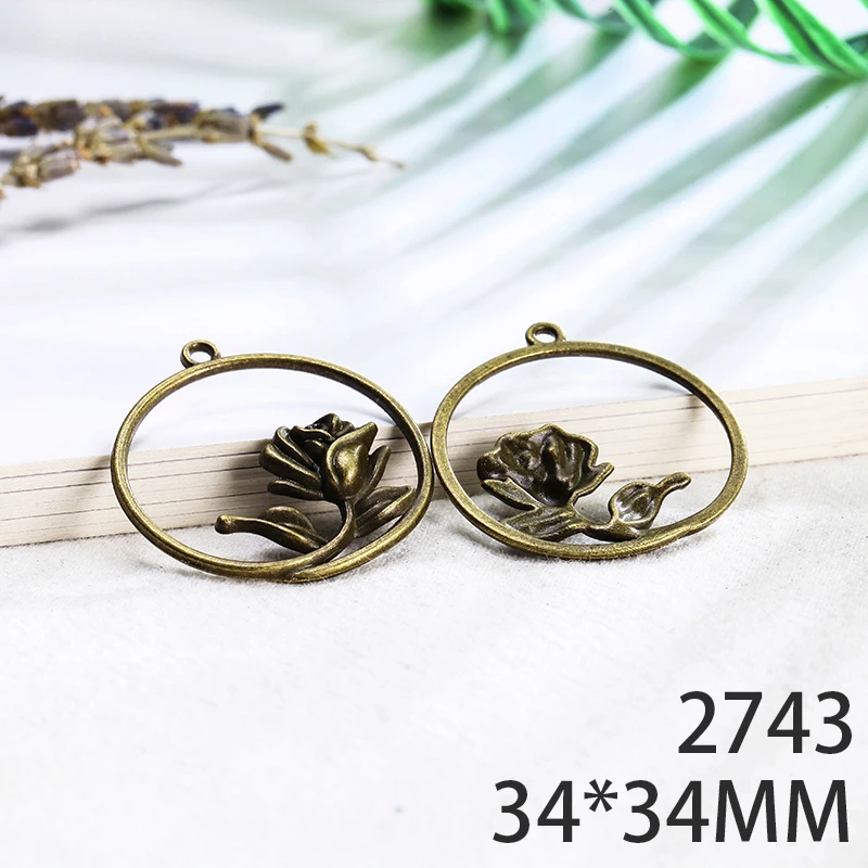 

34*34mm 5pcs Rose Alloy Pendant For Diy Jewelry Making 2 Colors Antique Silver Antique Bronze No.2743