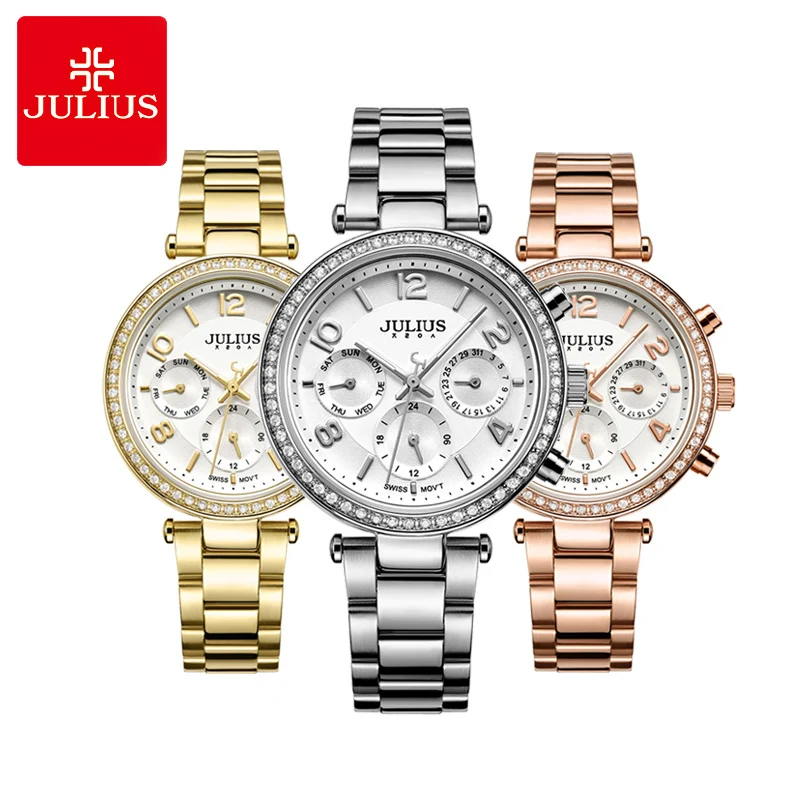 Finas de Cristal Menina de Aço Presente de Aniversário Real Multi-funções Relógio Feminino Quartzo Moda Horas Esporte Inoxidável Julius Caixa Isa