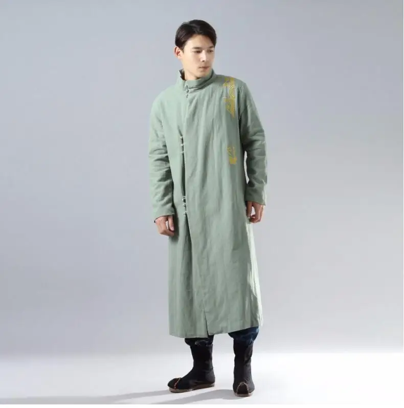 

Unisex Winter Clothing long gold thread embroidered cheongsam Robe silver buckled Ramie robe thickened cotton padded Long Coat