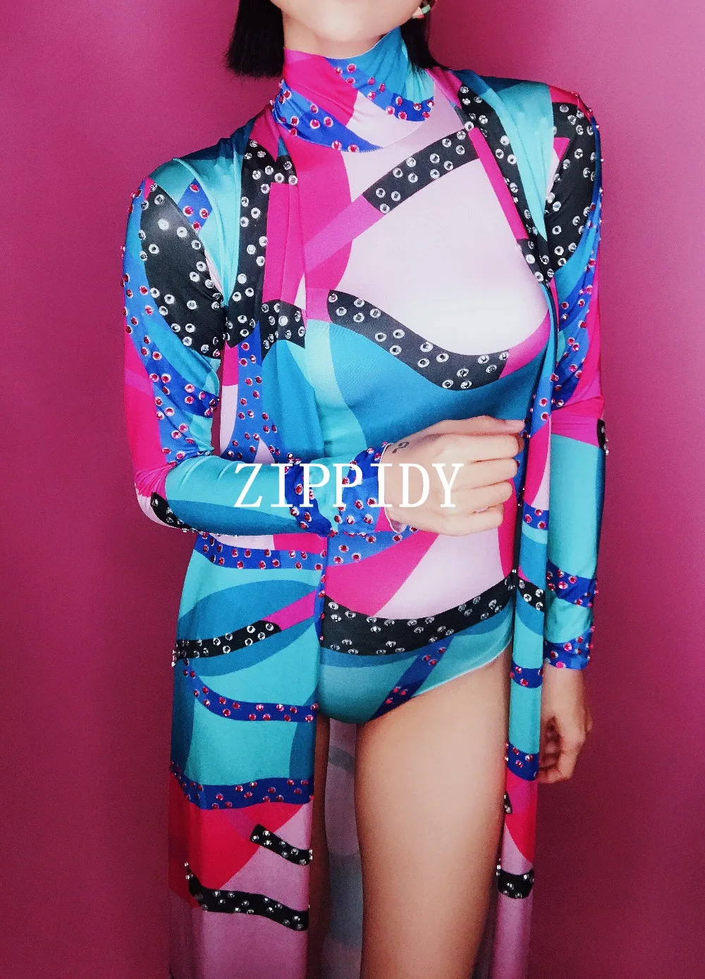 Female Singer Nightclub Crystals Costume Leotard Cape Women Fashion Rhinestones Bodysuit Long Coat Colorful Outfit
