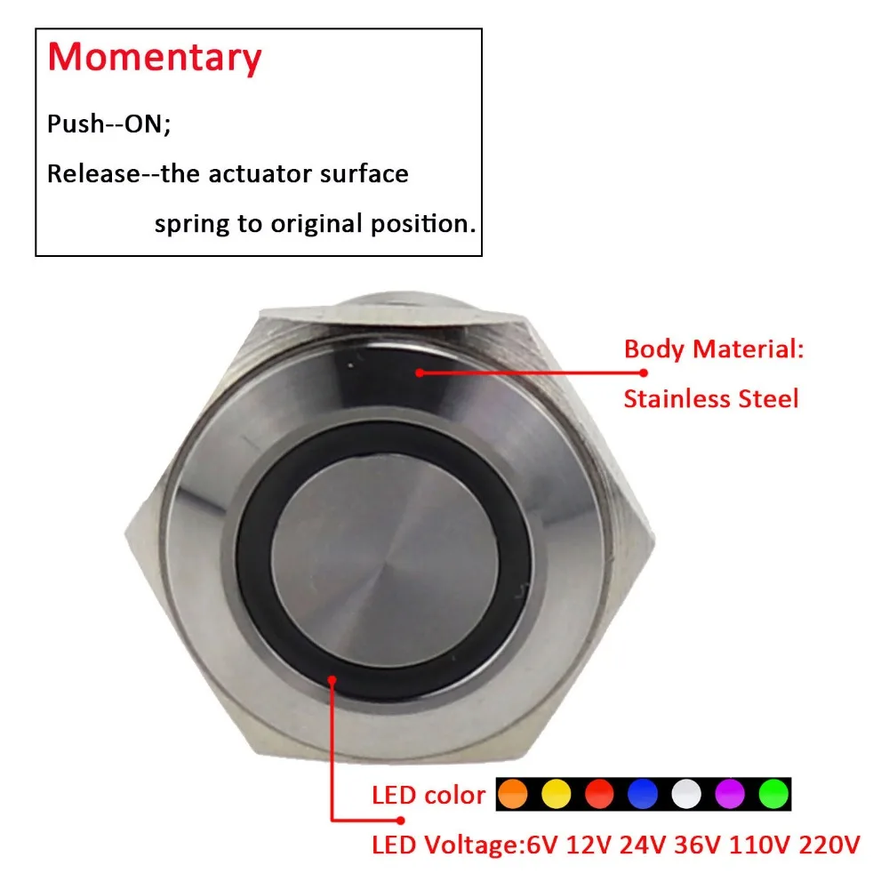 16 мм дверной звонок самосброс кнопочный переключатель со светодиодной