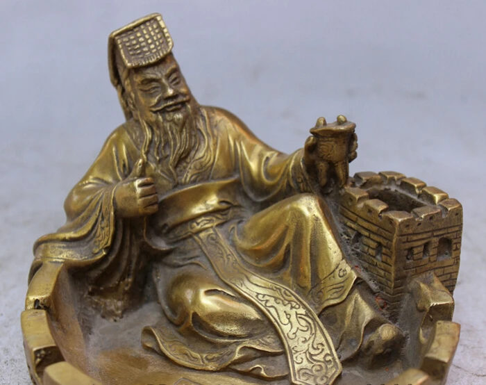 Песня voge Gem S4985 китайский латунный Happy Qin Shi Huang Hold Cup Overlie Great Wall Statue пепельница|ashtray