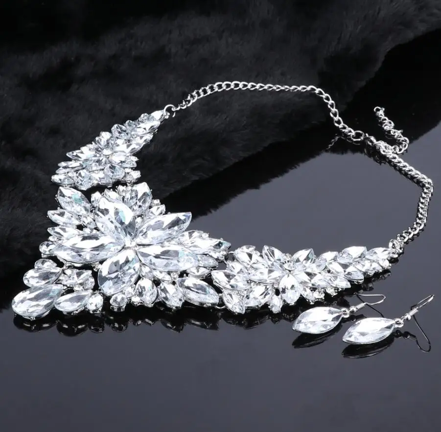 Silver White Высокое качество, колье с кристаллами, массивное ожерелье, серьги, ювелирный набор, стразы, свадебный подарок, для женщин, невесты, выпускной вечер, вечерние - Окраска металла: Silver White