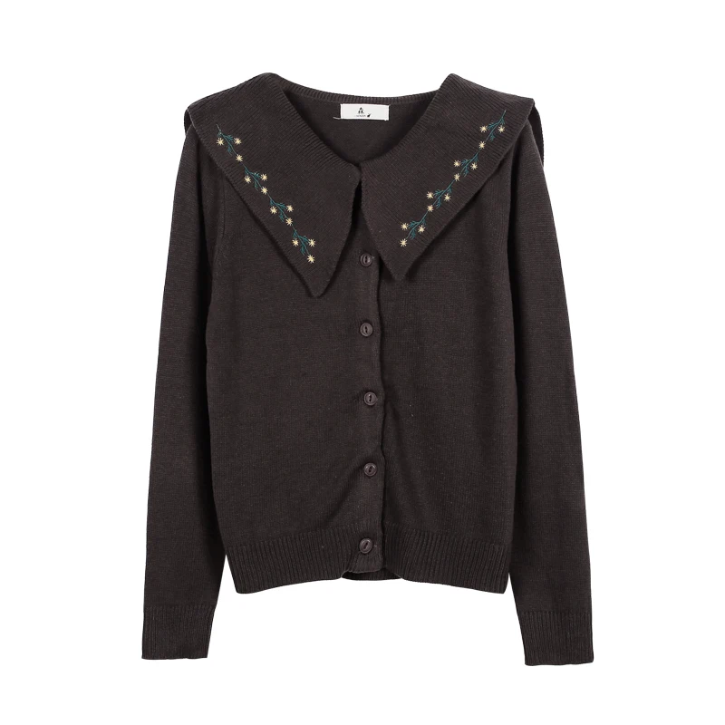 Mori Girl Chic Women Elegant Cardigan Peter Pan Collar Floral Embroidery Lady Casual Sweater Autumn Winter Kawaii Knitting Coat |