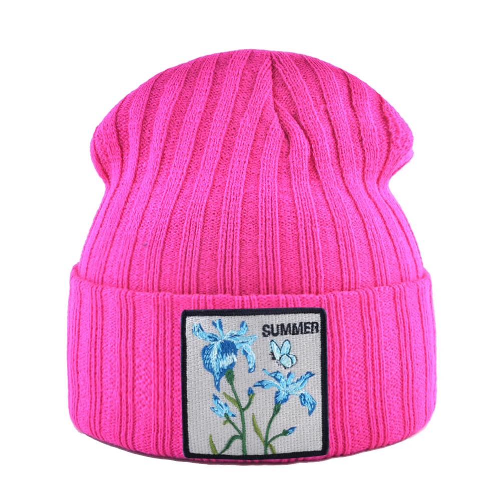 Вязаные шапки для женщин уличная одежда Skullies Beanies с цветком патч Весна Осень Вязание Gorra Мужская зимняя шапочка в стиле кэжуал Кепка