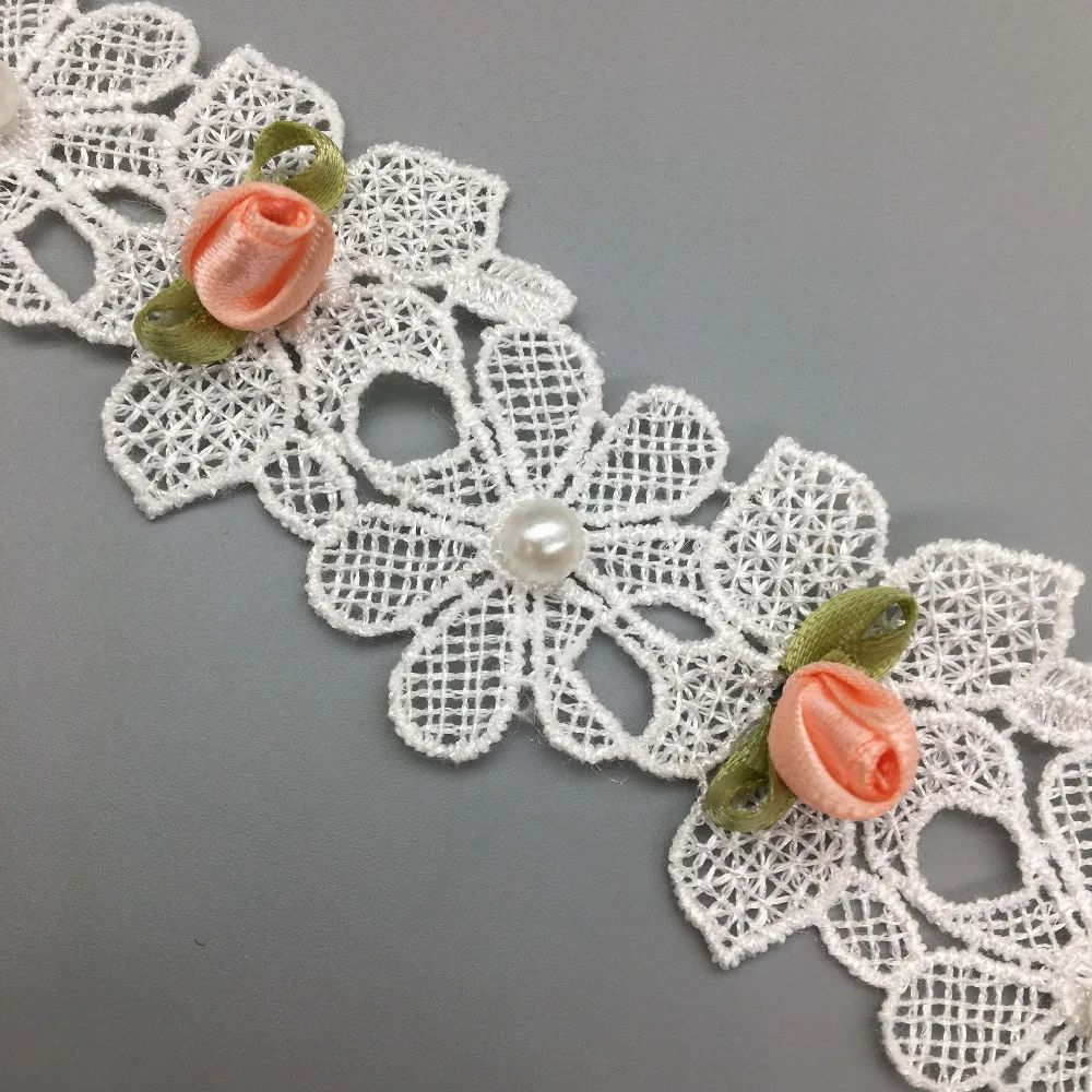 2 Yard Vintage Polyester Pink Flower Leaves Pearl Fabric Lace Trim Wedding Dress Ribbon Embroidered Applique Sewing Crafts | Дом и сад