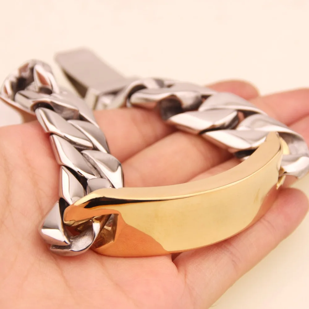 

17mm Popular Jewelry Stainless Steel Gold ID Bracelet Silver Color Cuban Curb Chain Men's Wristband Bangle Hombres Pulsera 130G