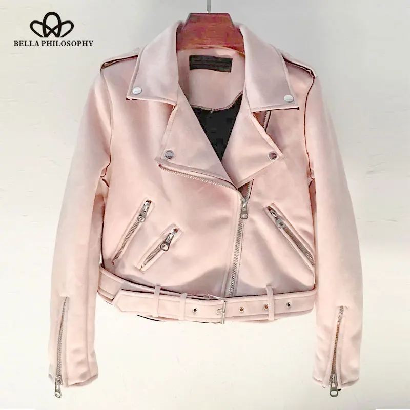 Pink Bella philosophy, Женское пальто, весна-осень, Женская куртка на молнии с отложным воротником, искусственная замша, байкерская куртка, пальто, хаки, серый - Цвет: Pink