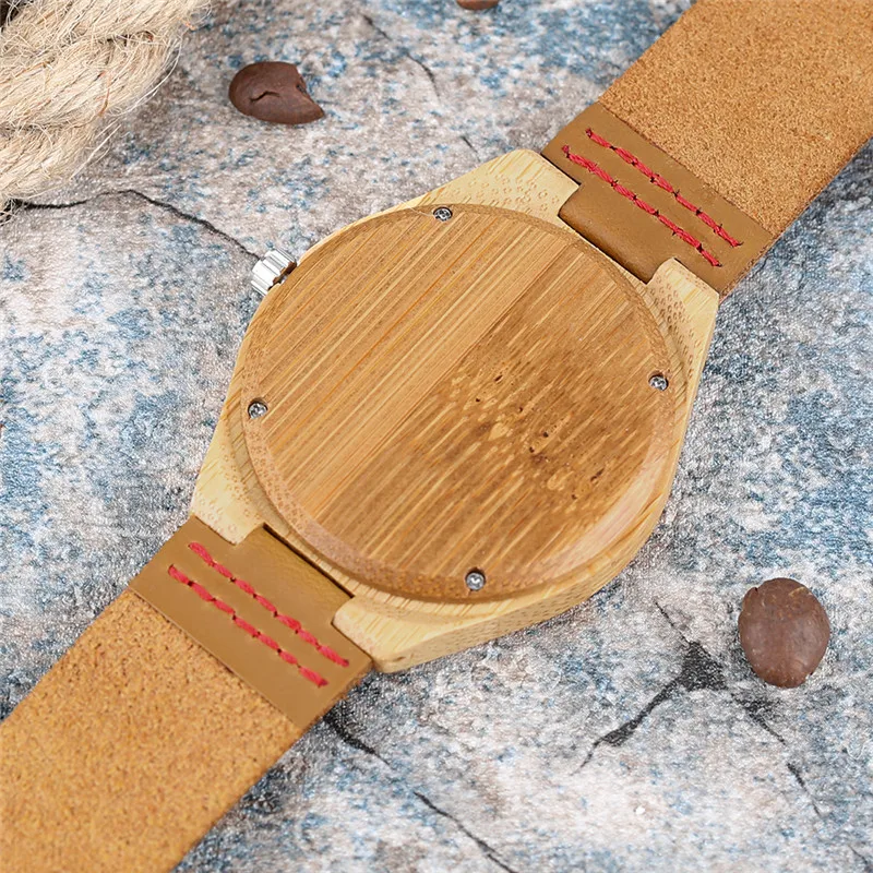 

Classic Number Nature Wooden Design Men Women Quartz Wristwatch Genuine Leather Band with Red Lines High Quality Wood Watch Gift