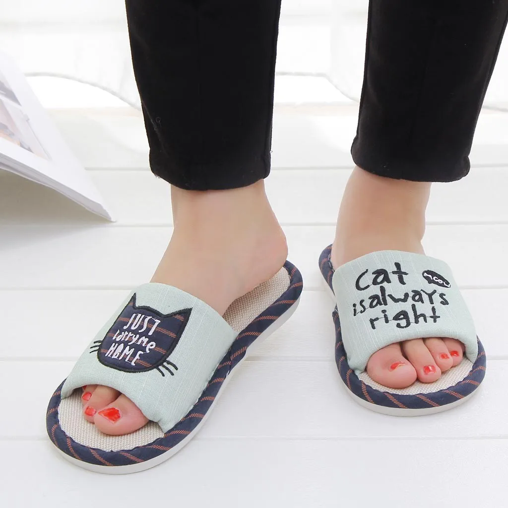 Летние женские шлепанцы домашние тапочки с рисунком кота льняная обувь zapatos de mujer