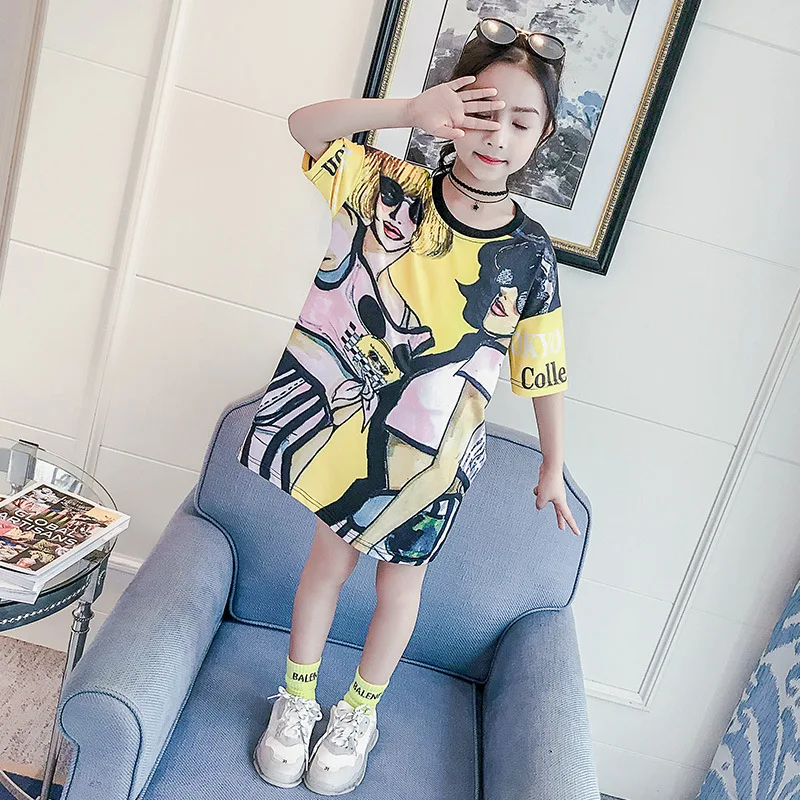 Детская одежда 2019 г. Новая летняя свободная футболка для девочек Повседневное