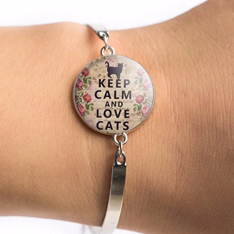 

Fashion Keep Calm and Love Cats Bracelet lovely quote charm Cat lover jewelry glass Cabochon Art picture bangle gifts