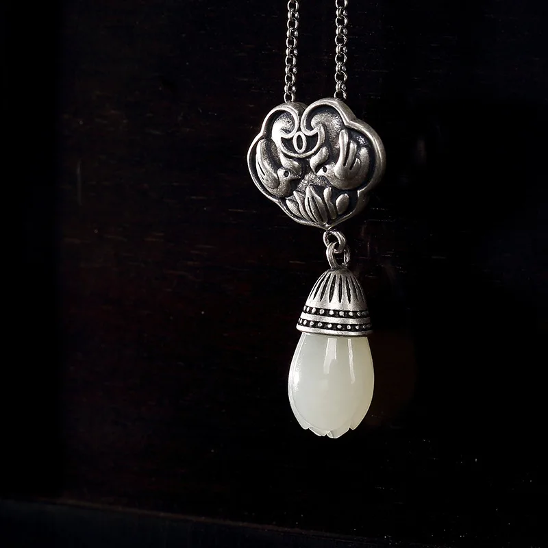 

Pure Silver Inlay Hetian Jade Magnolia Flower Lotus Yuanyang Restoring Ancient Ways Ms Wholesale High-grade Pendant