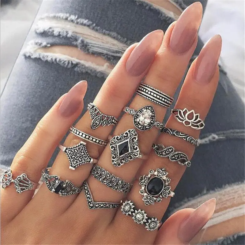 Богемные античные золотые серебряные слон цветок роза Сердце Корона резные кольца набор сустав пальца кольцо среднего размера для женщин ювелирные изделия - Цвет основного камня: 1