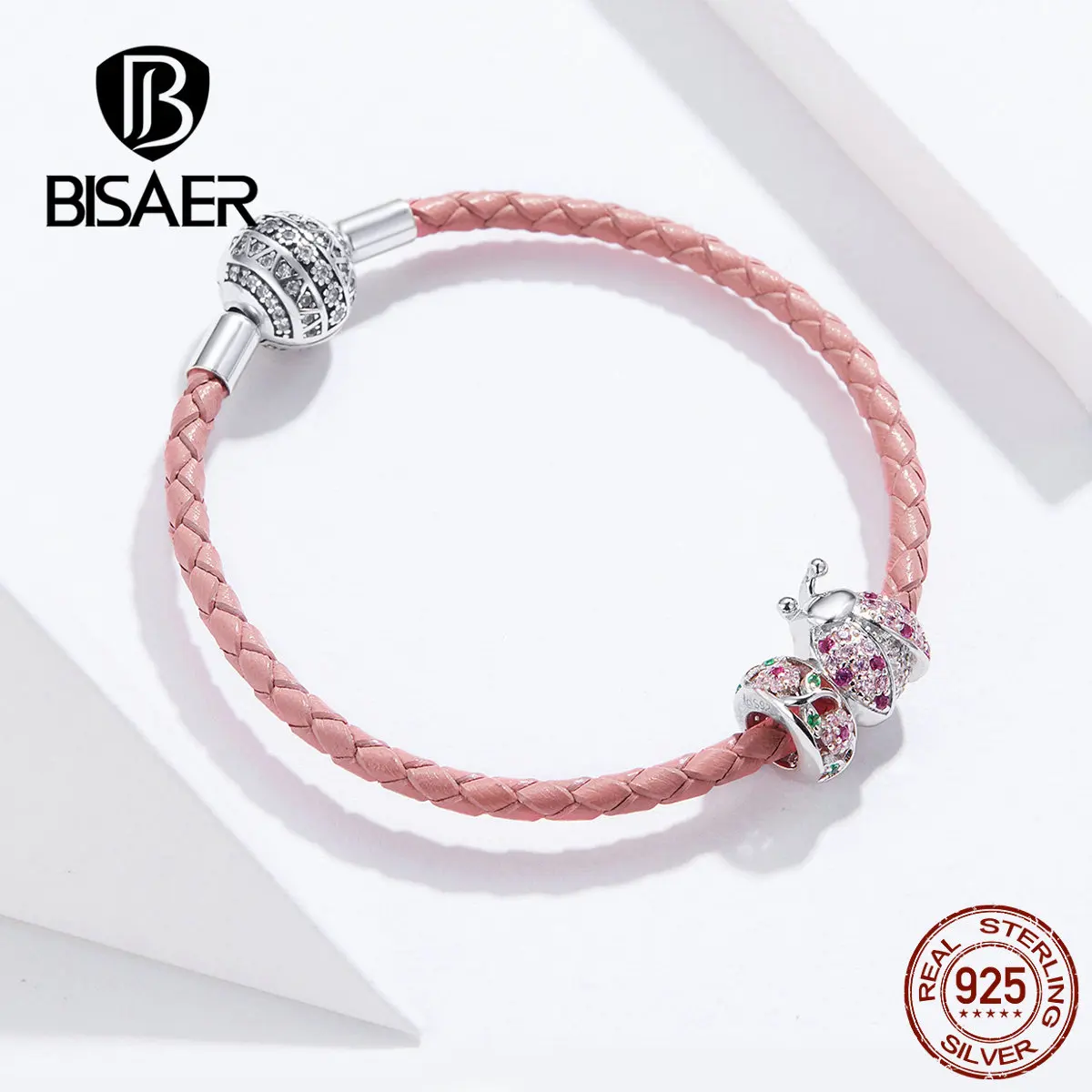 Женские браслеты BISAER, 925 пробы, серебряные, божья коровка, красная веревка, серебряные браслеты для женщин, ювелирные изделия из стерлингового серебра ECB823