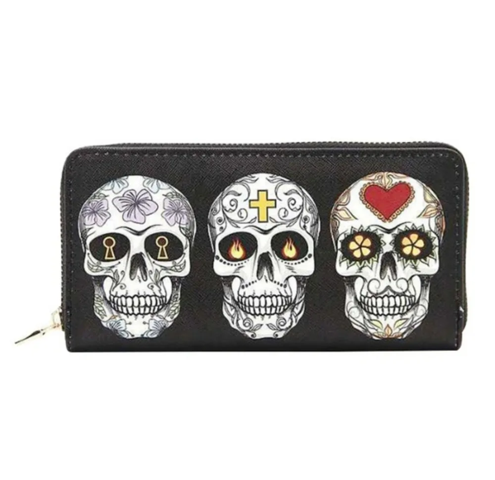 Punk Suger Skulls Flower Long Wallet Zipper Purse Bag Design Wo Clutch Bag Purse Handbags For Woman Ladies Phone Holder Card