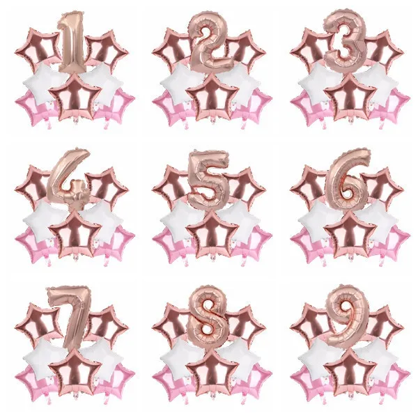 Rose Gold 8 шт./партия, мульти 32 дюймовые баллоны с цифрами и звездами, Гелиевый шар для малышей, От 1 до 5 лет, с днем рождения, детские игрушки, украшения - Цвет: Rose Gold