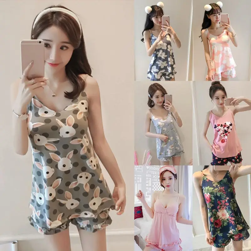 Women Girls Summer Pajamas Set V-Neck Padded Camisole Ruffles Shorts Sleepwear Cute Rabbit Love Heart Floral Sling Loungewear | Женская