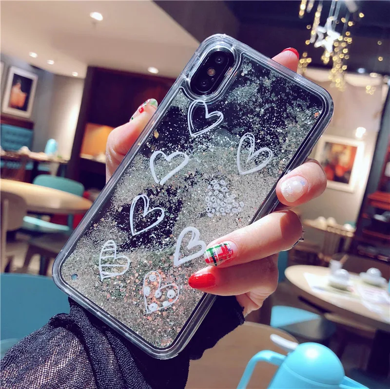 Сердце рисунком блеск Динамические Liquid зыбучие пески телефон чехлы для iPhone X 8