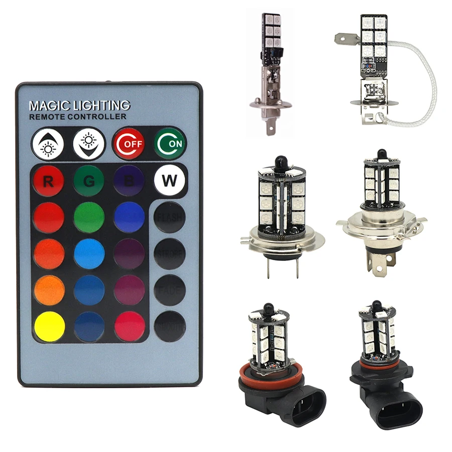 1 комплект H1 H3 H4 H7 H11 9005 9006 RGB светодиодный Авто головной светильник 5050 светодиодный туман светильник налобный фонарь лампа с дистанционным Управление головной светильник 12v